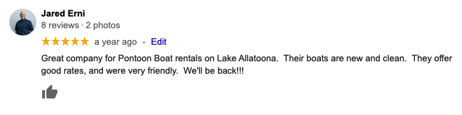 Great company for Pontoon Boat rentals on Lake Allatoona.  Their boats are new and clean.  They offer good rates, and were very friendly.  We'll be back!!!